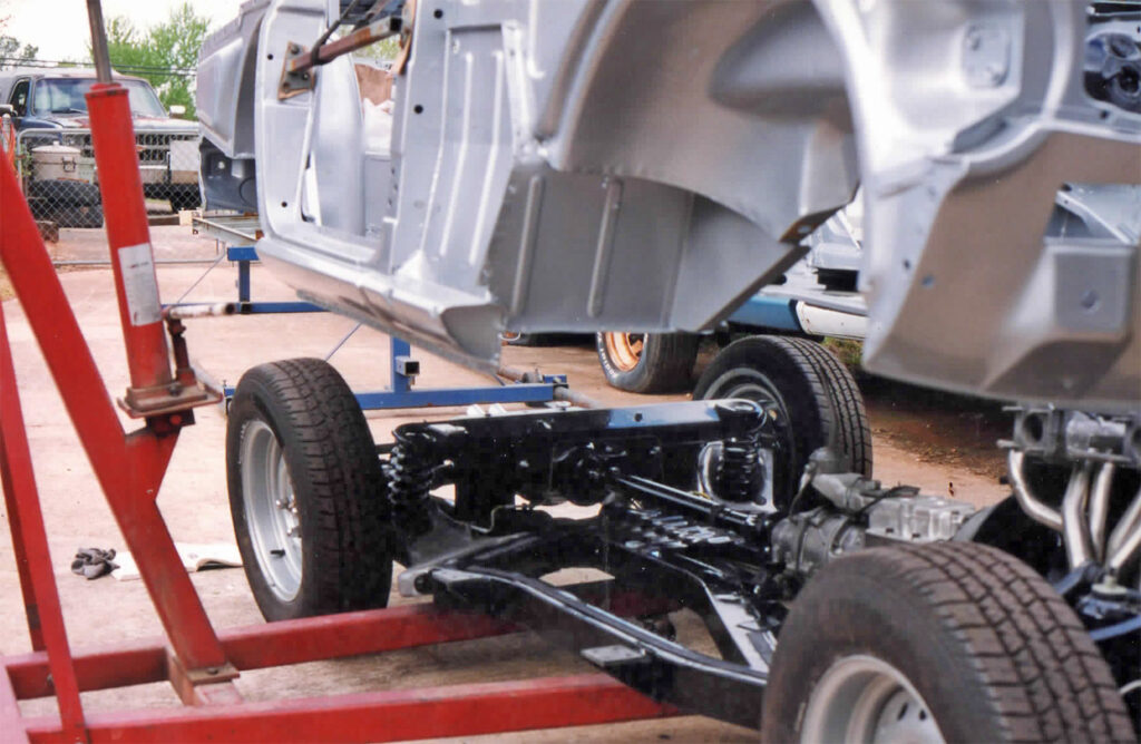 A car being worked on in the shop