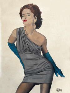 A woman in a dress and gloves is posing.