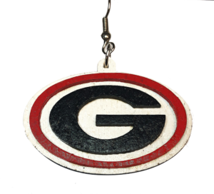 A red and black g logo on a keychain.