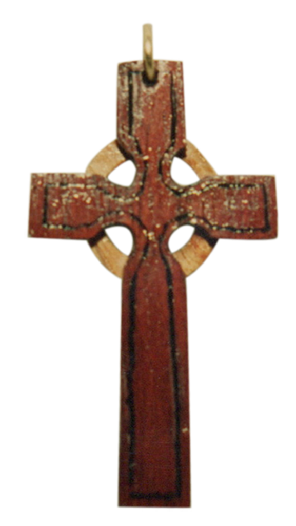 A cross with a red and white design on it.