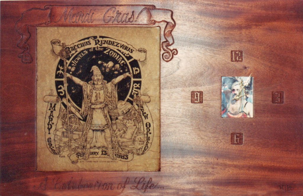 A wooden table with an old picture of a person