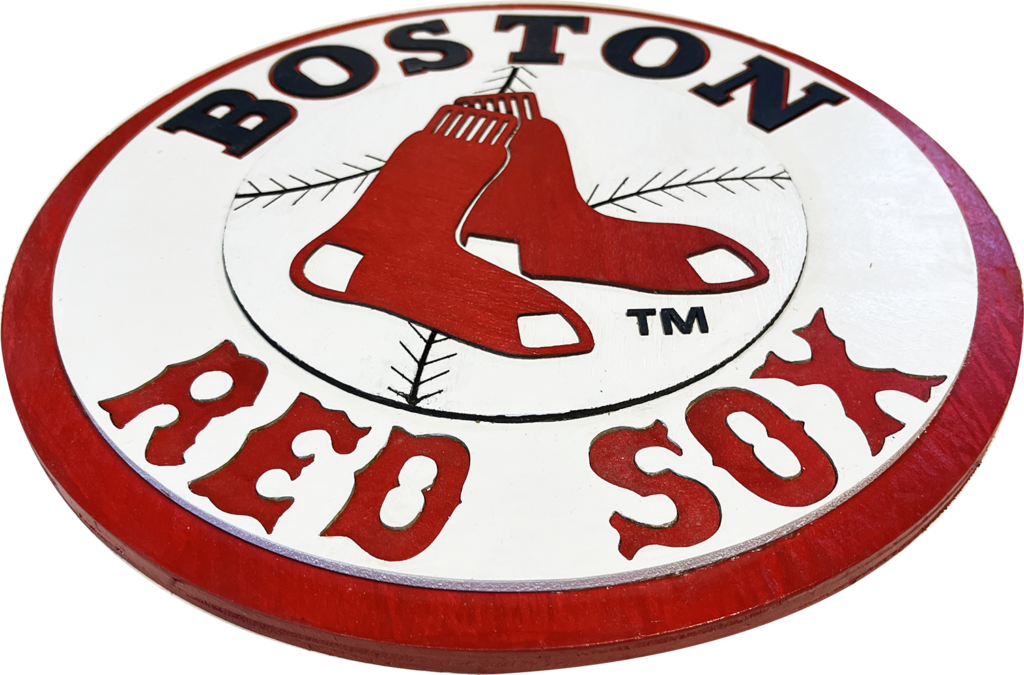 A red sox logo on the side of a baseball field.
