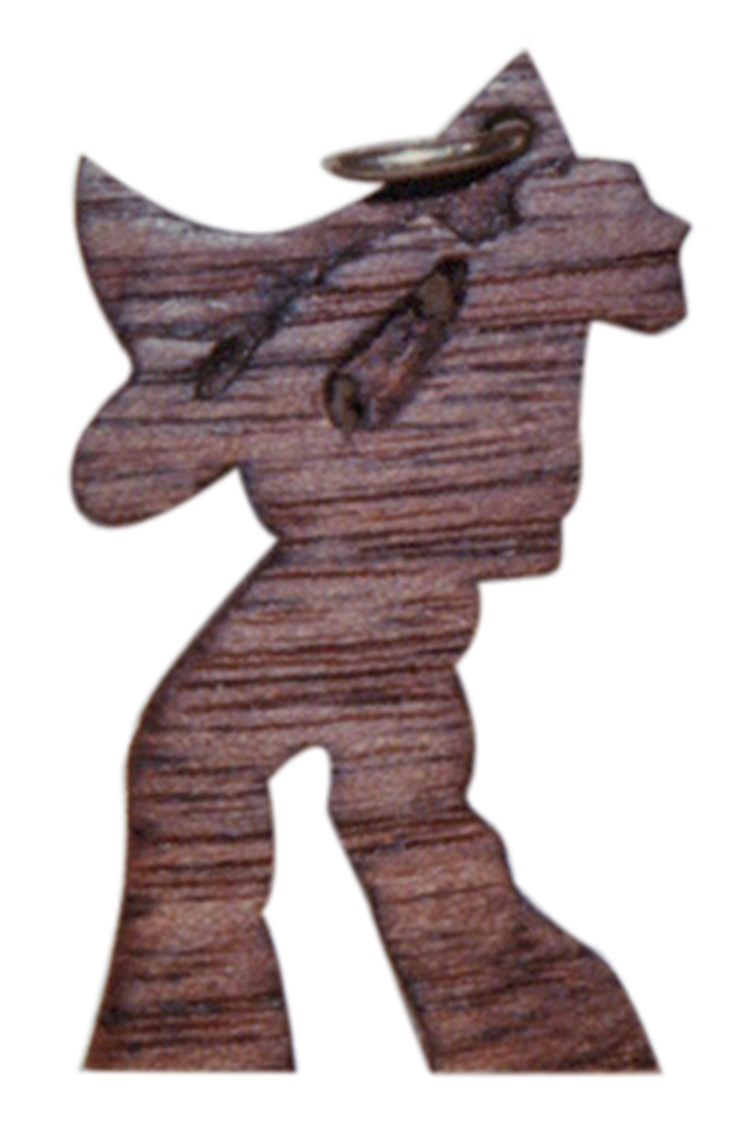 A wooden statue of a man holding something.