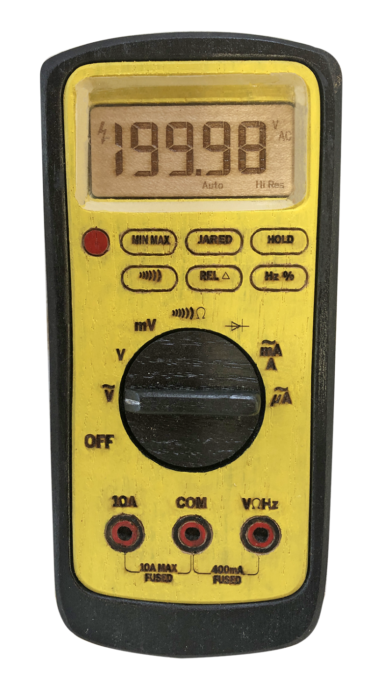 A yellow and black digital multimeter with the time 1 3. 5 0