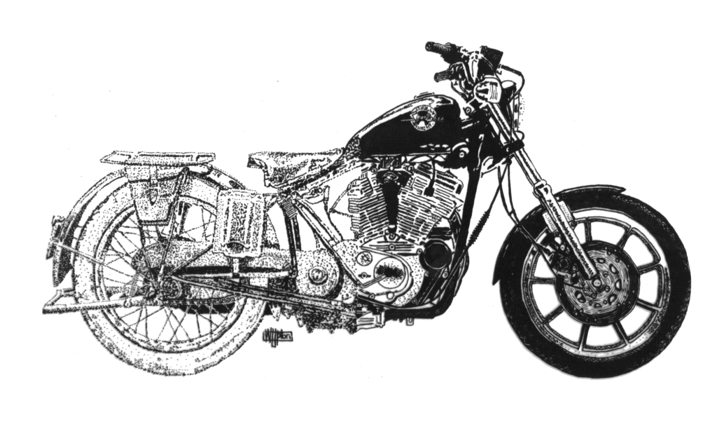 A drawing of an old motorcycle with many parts.