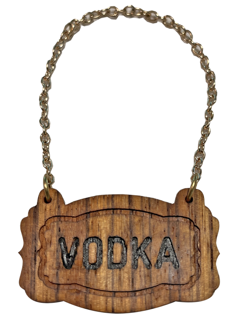 A wooden sign with the word vodka written on it.